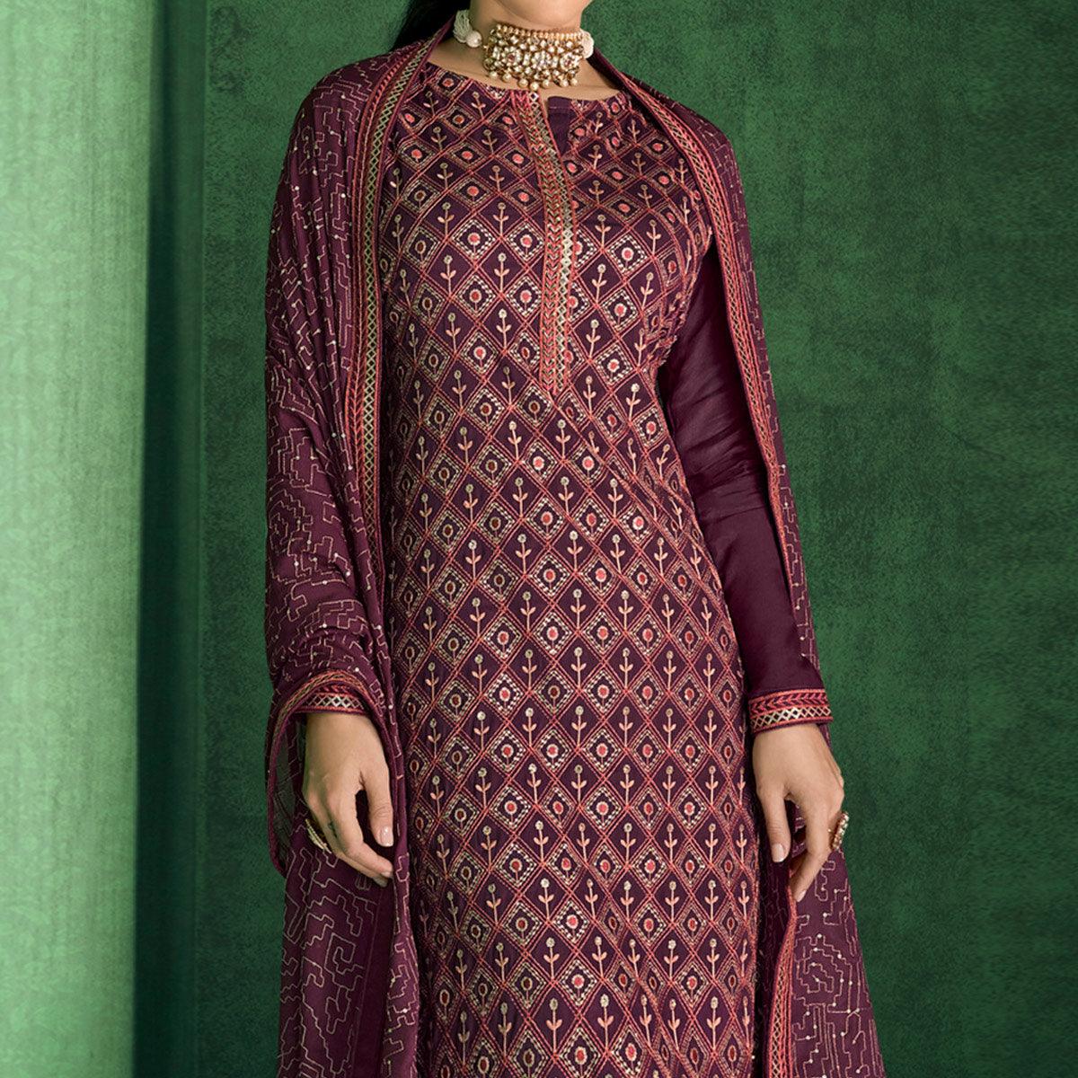 Wine Sequence Embroidered Handwork Chiffon Partywear Suit - Peachmode