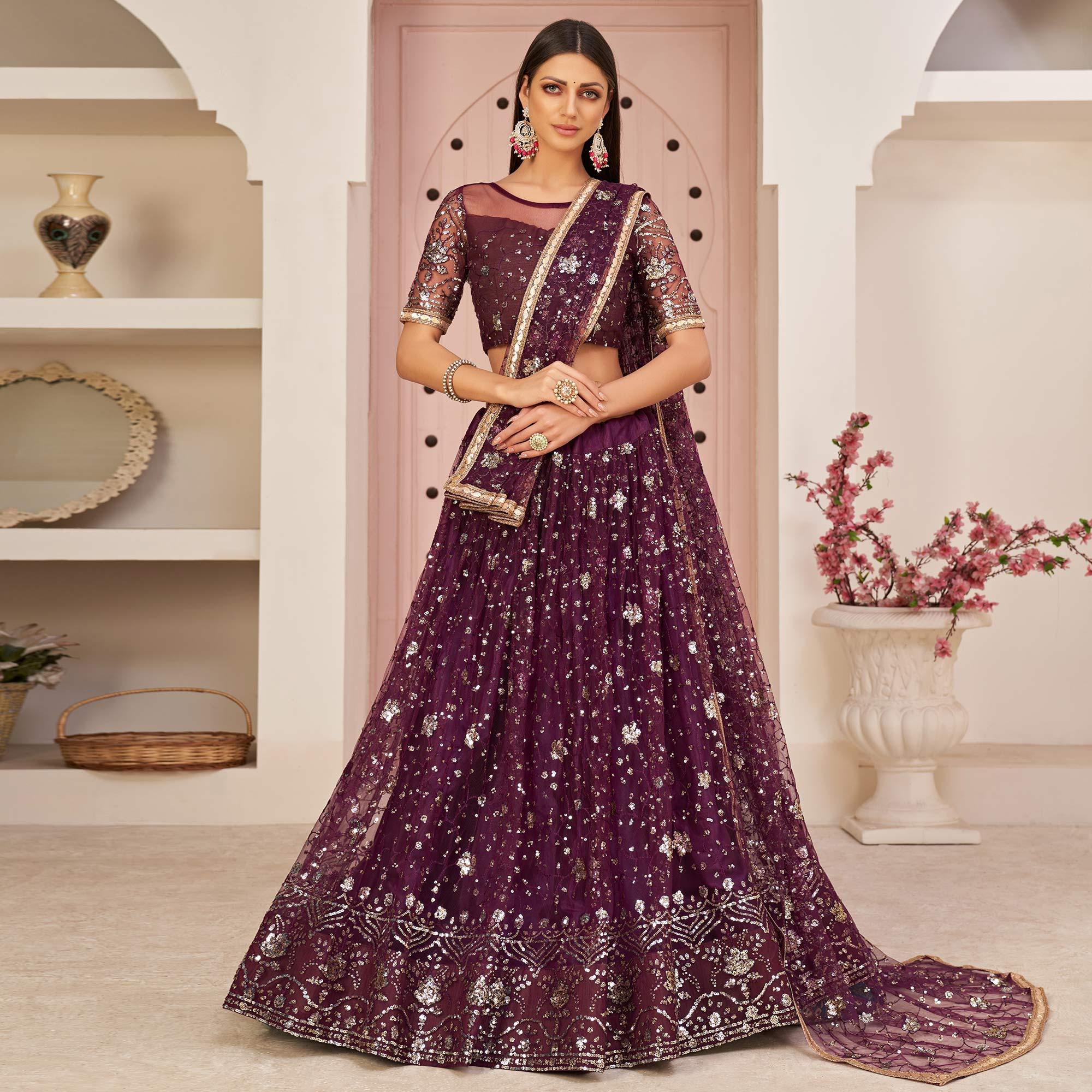 Wine Sequence Embroidered Netted Lehenga Choli - Peachmode