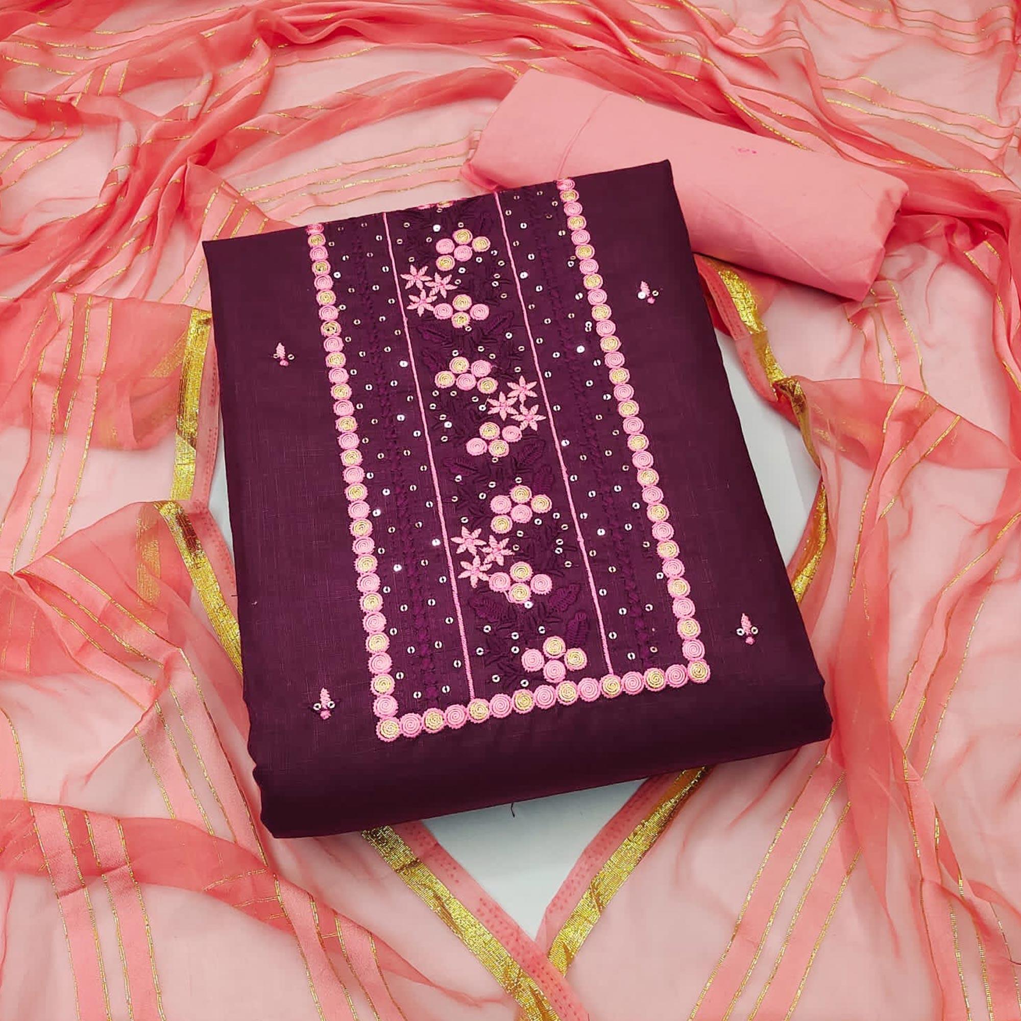 Wine Sequence Embroidered Poly Cotton Dress Material - Peachmode