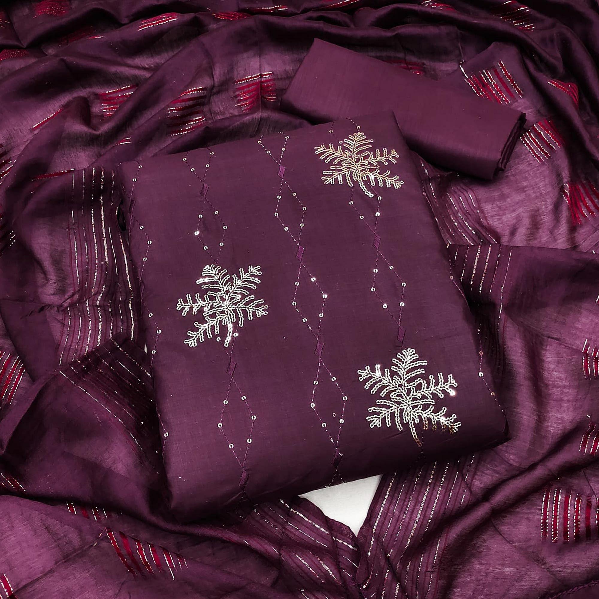 Wine Sequence Embroidered Pure Cotton Dress Material - Peachmode