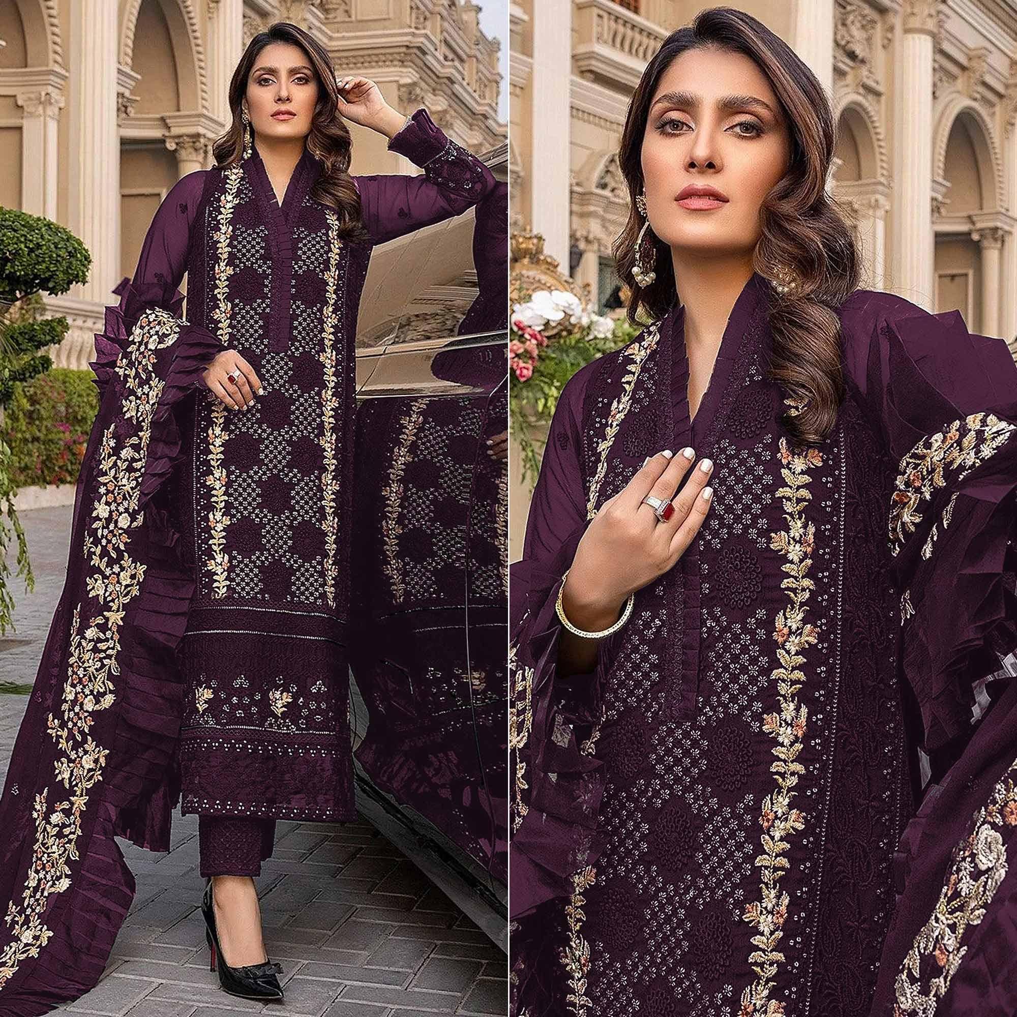Wine Sequence With Floral Embroidered Georgette Pakistani Suit - Peachmode