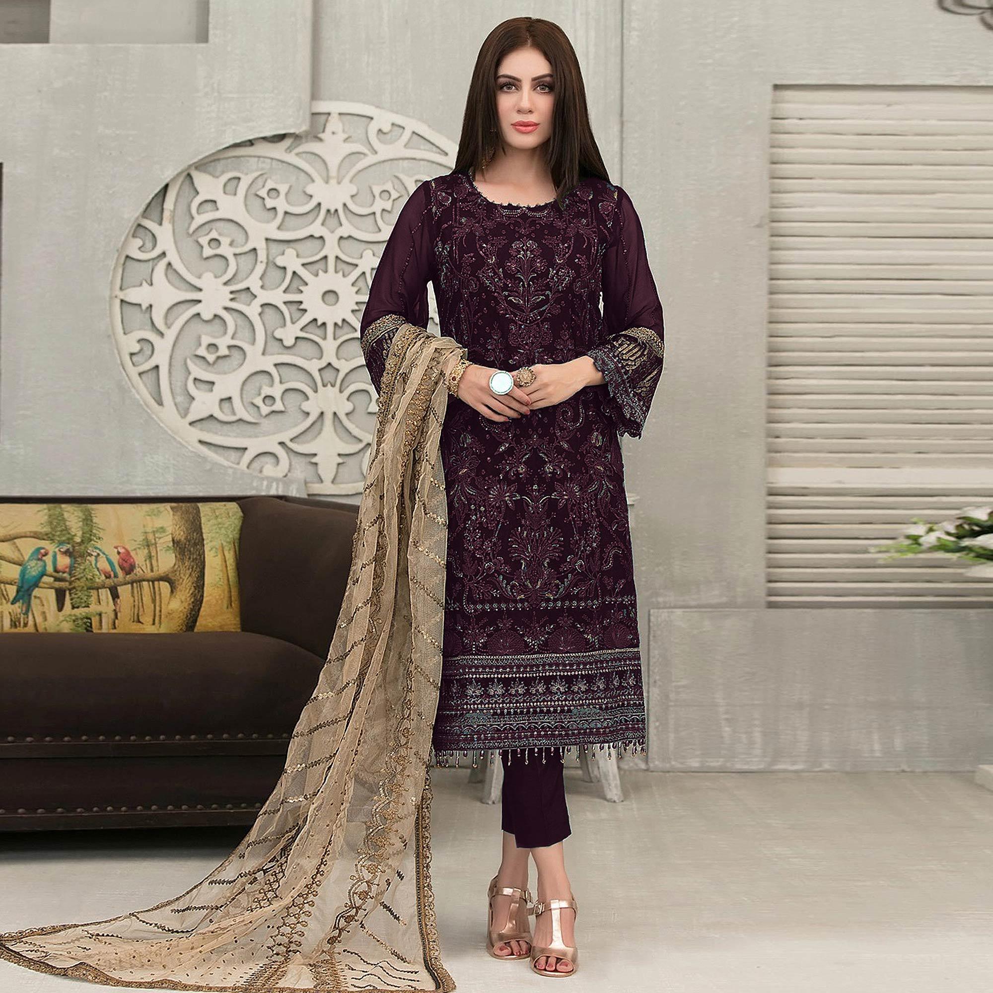 Wine Sequence With Floral Embroidered Georgette Pakistani Suit - Peachmode