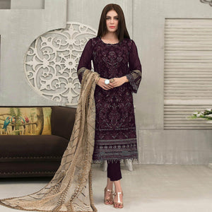 Wine Sequence With Floral Embroidered Georgette Pakistani Suit - Peachmode