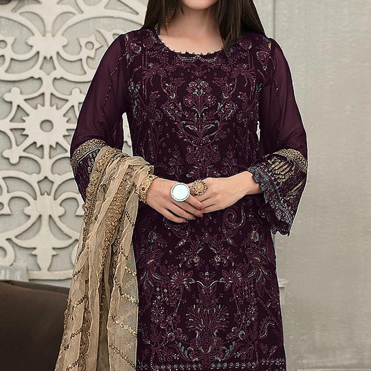 Wine Sequence With Floral Embroidered Georgette Pakistani Suit - Peachmode