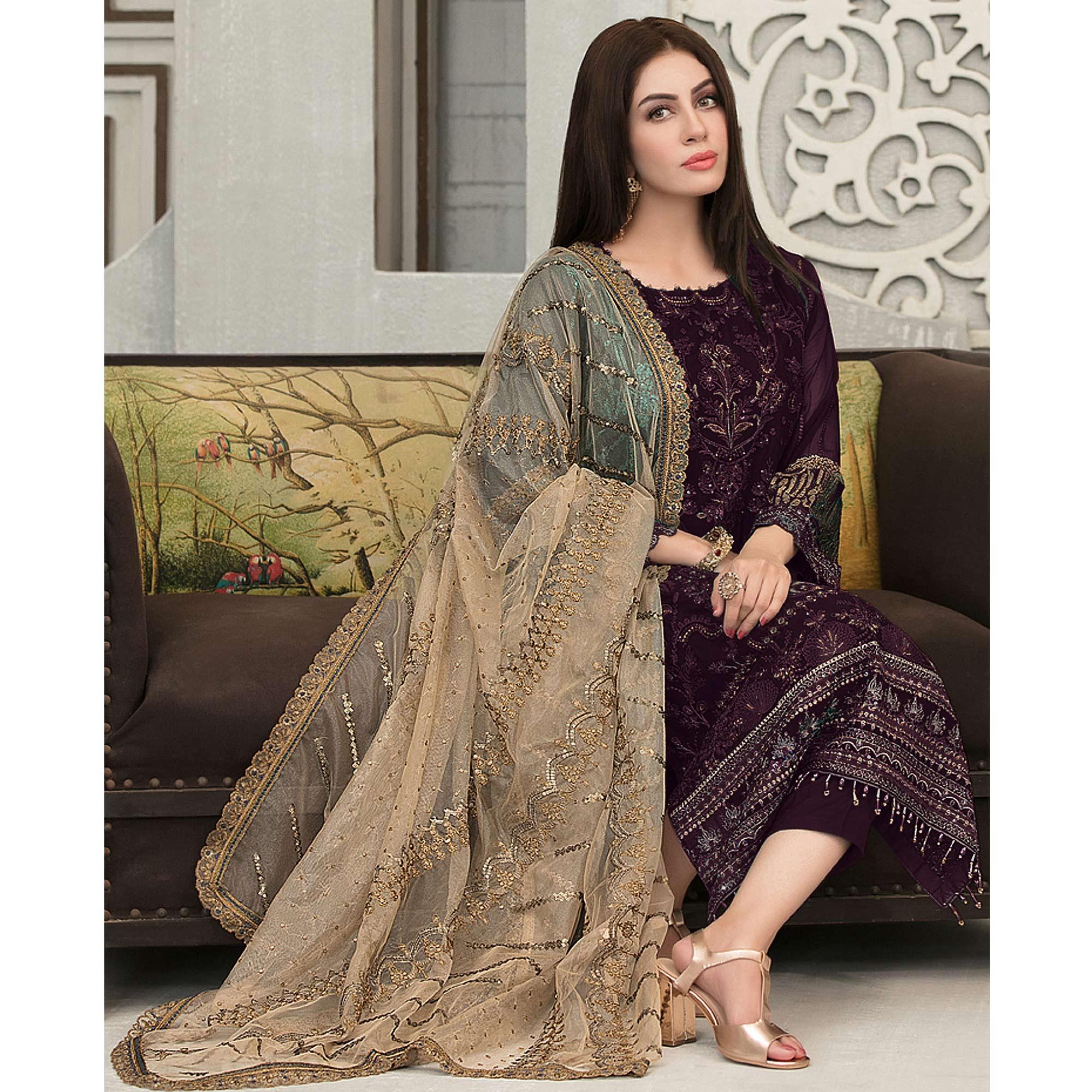 Wine Sequence With Floral Embroidered Georgette Pakistani Suit - Peachmode