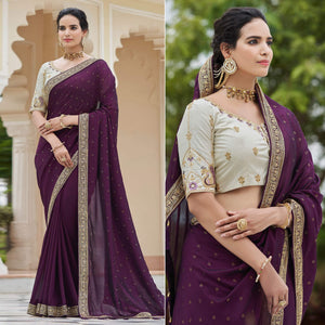 Wine Sequence With swarovski Work Vichitra Silk Saree - Peachmode