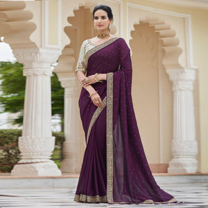 Wine Sequence With swarovski Work Vichitra Silk Saree - Peachmode
