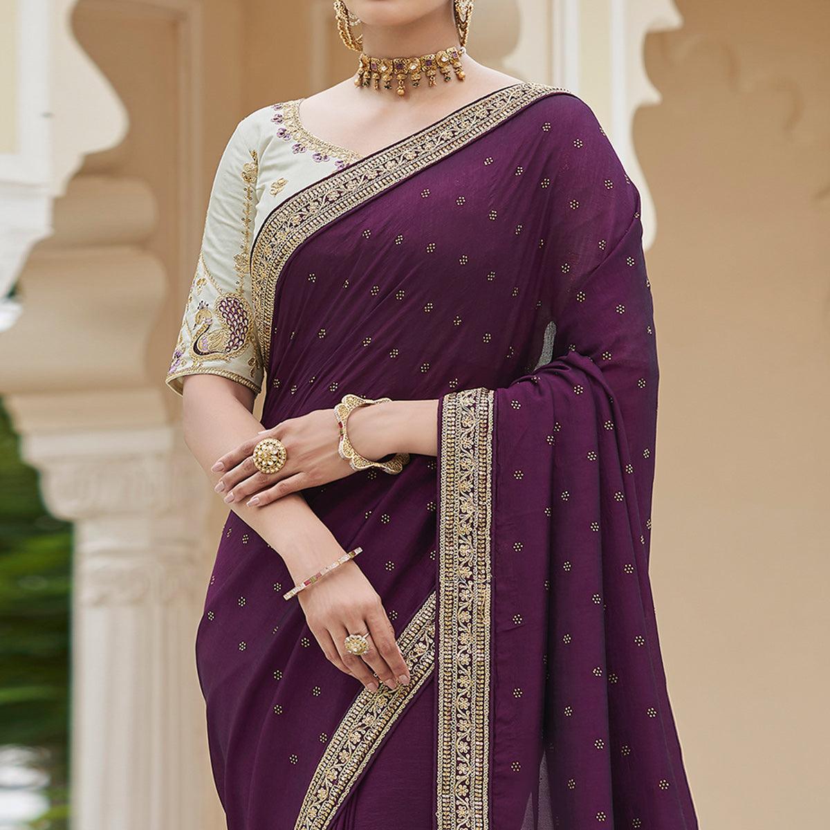 Wine Sequence With swarovski Work Vichitra Silk Saree - Peachmode