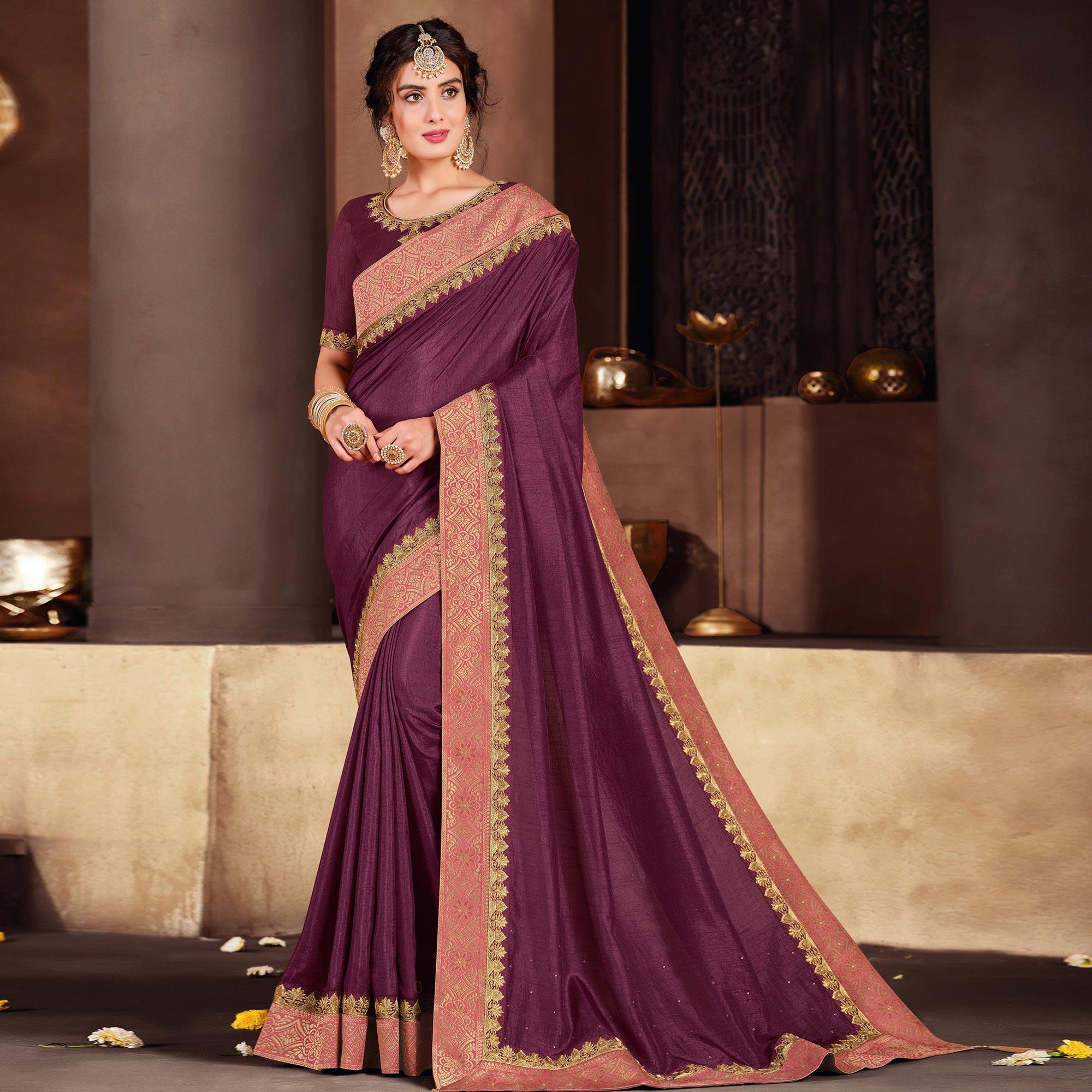 Wine Solid Art Silk Saree - Peachmode
