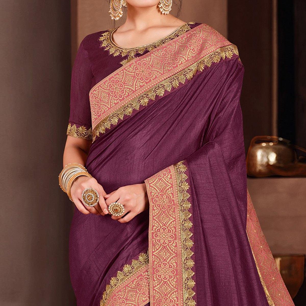 Wine Solid Art Silk Saree - Peachmode