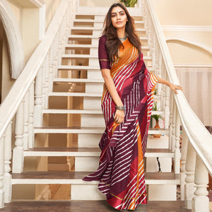 Wine Striped Printed Art Silk Saree - Peachmode