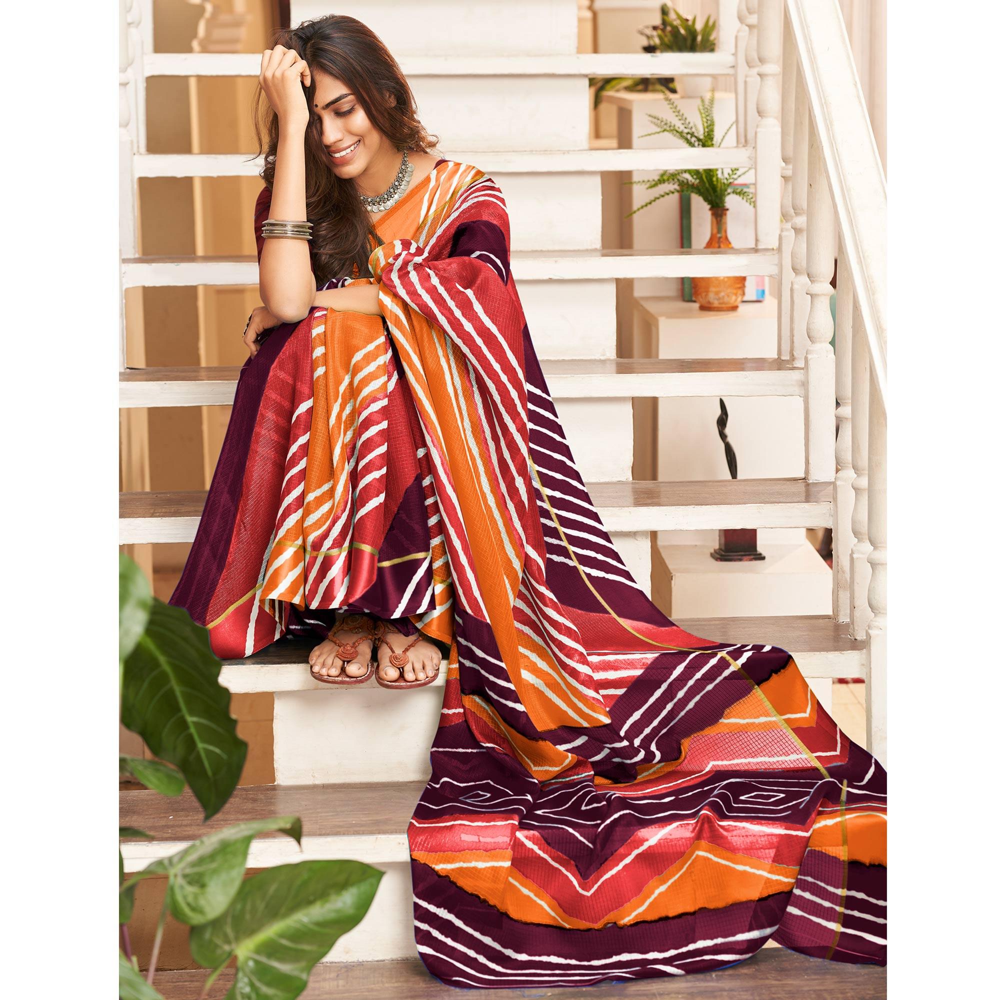 Wine Striped Printed Art Silk Saree - Peachmode