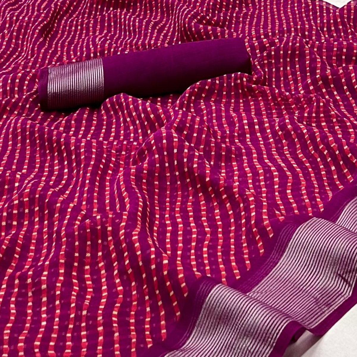 Wine Stripes Printed Chiffon Saree - Peachmode