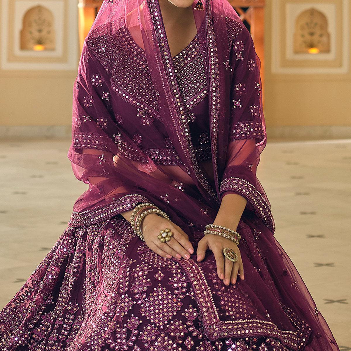 Wine Wedding Wear Embellished Netted Lehenga Choli - Peachmode