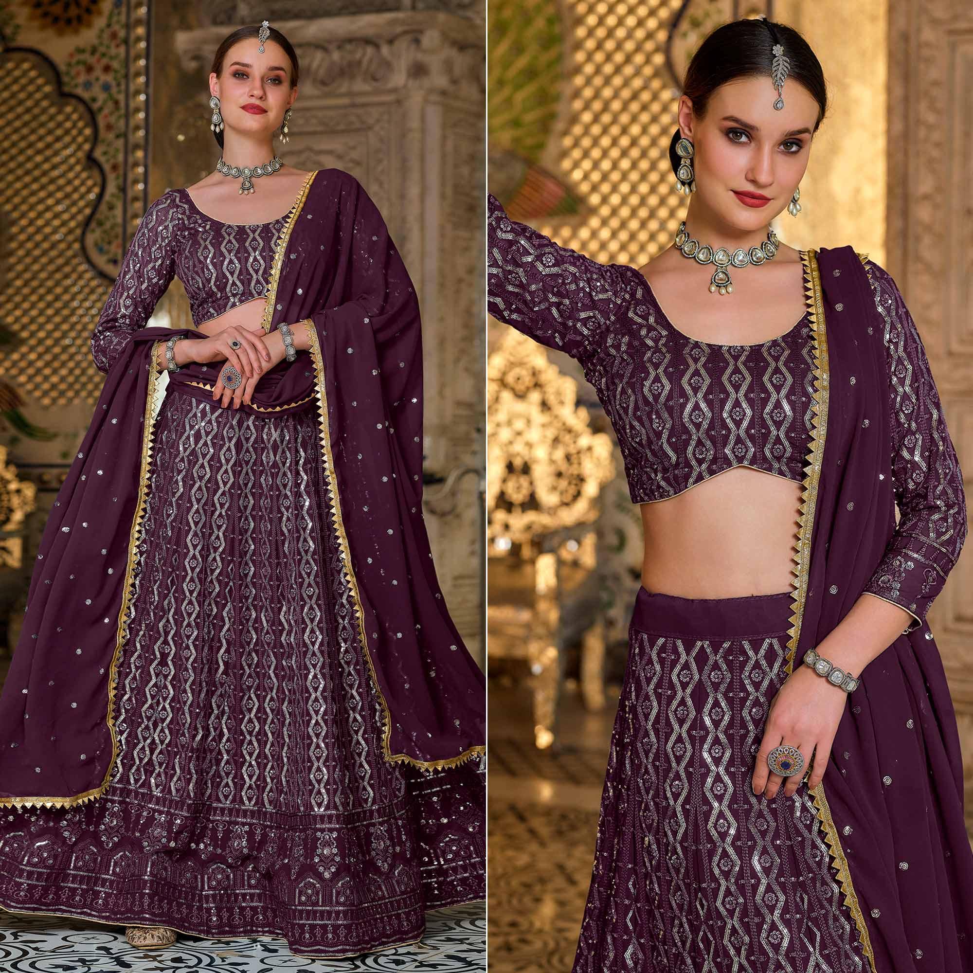 Wine Wedding Wear Sequence Embroidered Georgette Lehenga Choli - Peachmode