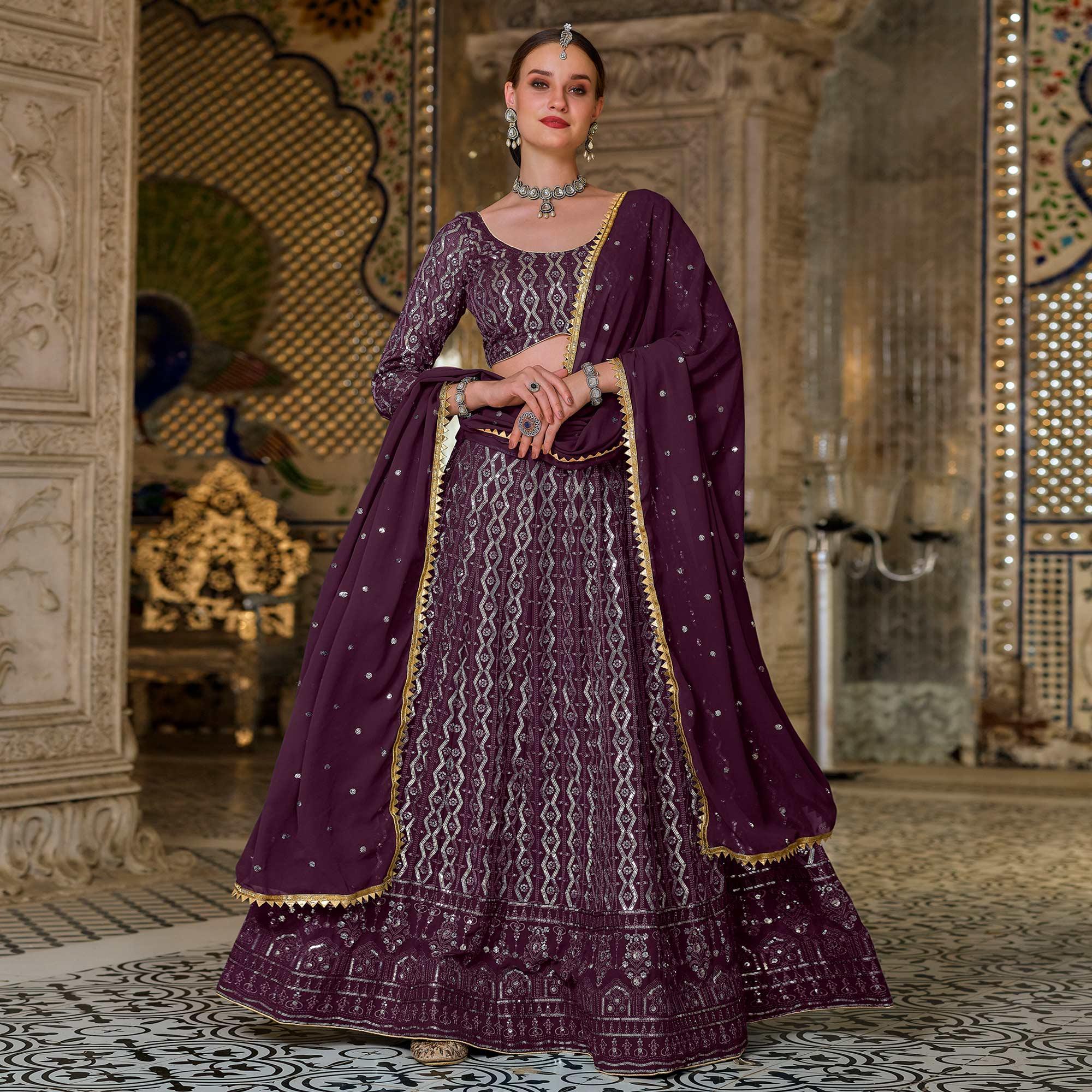 Wine Wedding Wear Sequence Embroidered Georgette Lehenga Choli - Peachmode