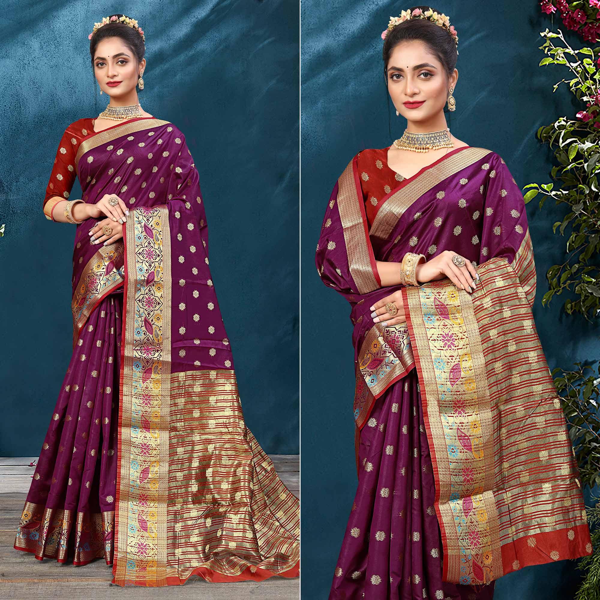 Wine Woven Art Silk Saree - Peachmode