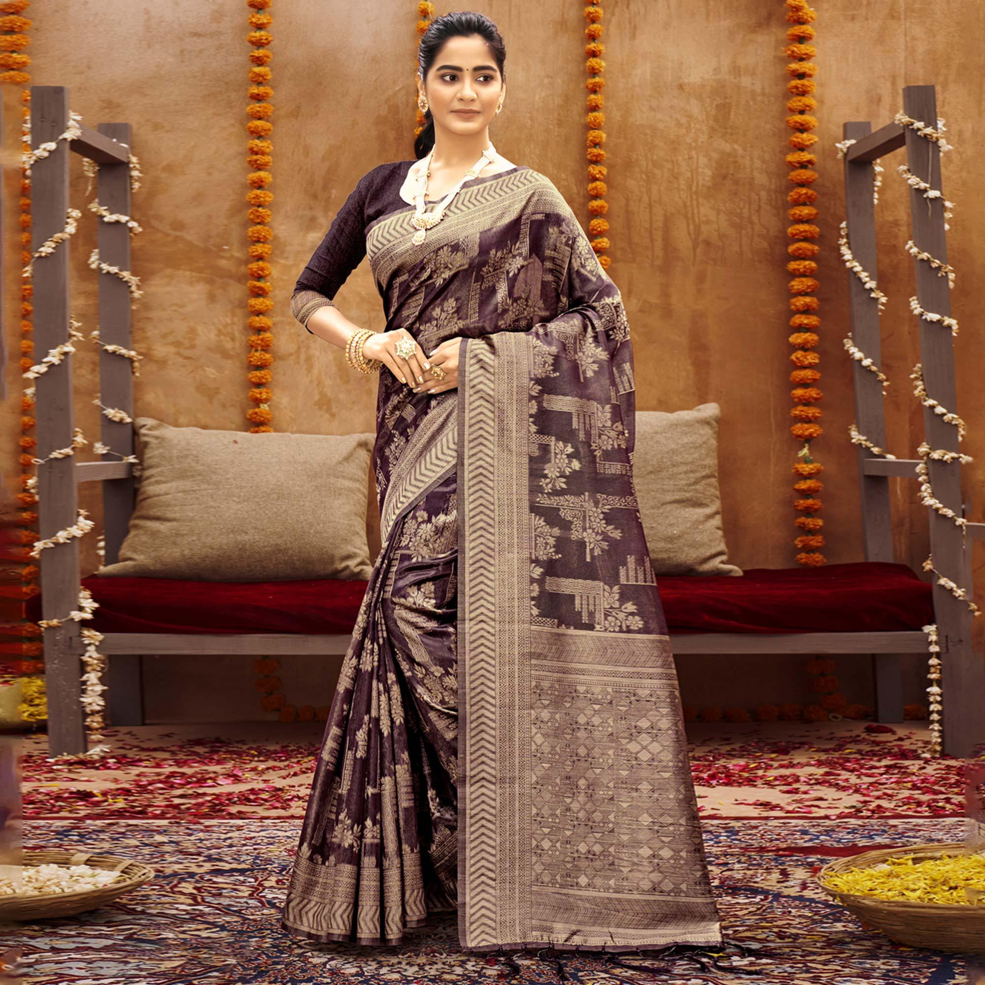 Wine Woven Art Silk Saree - Peachmode