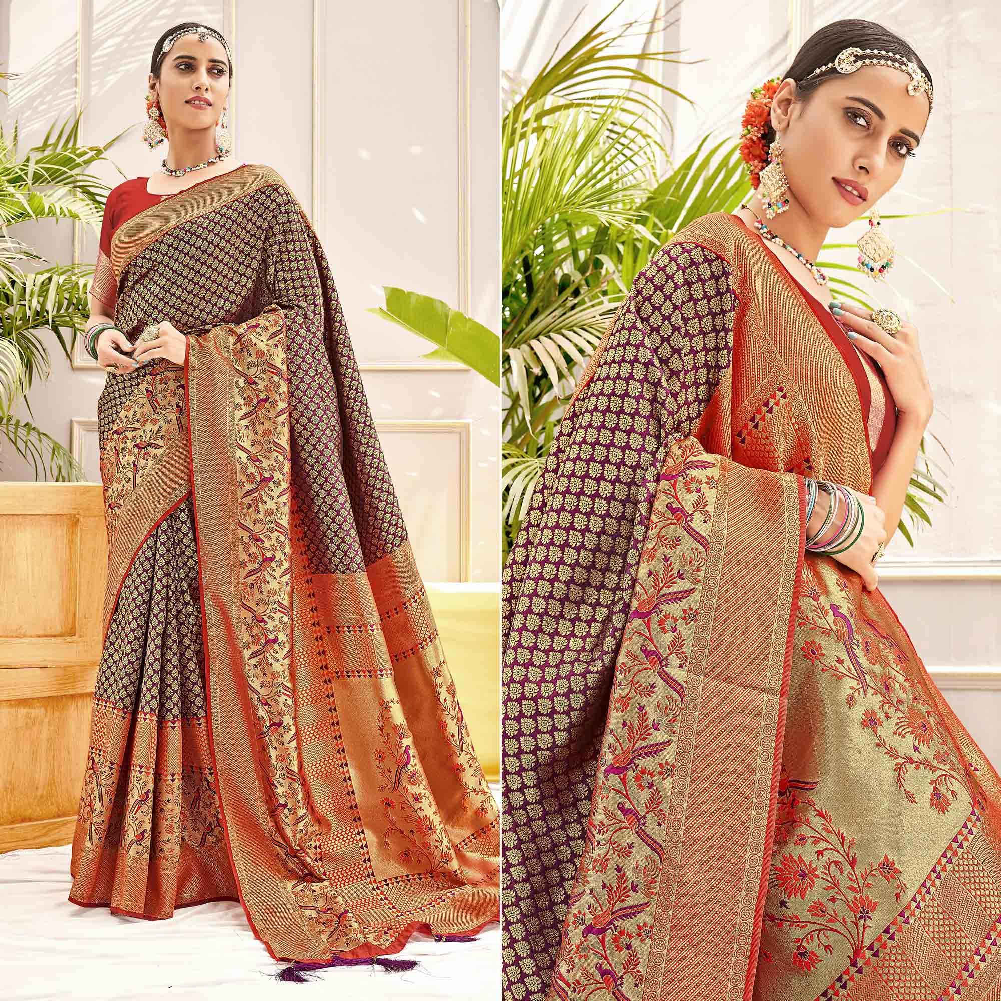Wine Woven Art Silk Saree - Peachmode