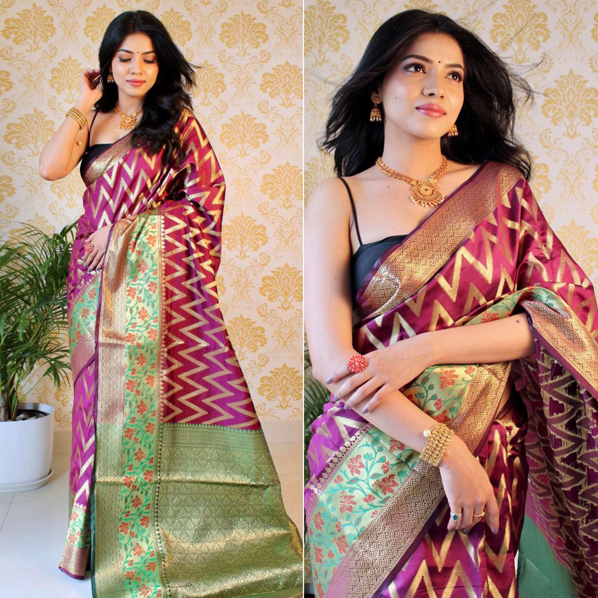 Wine Woven Art Silk Saree - Peachmode
