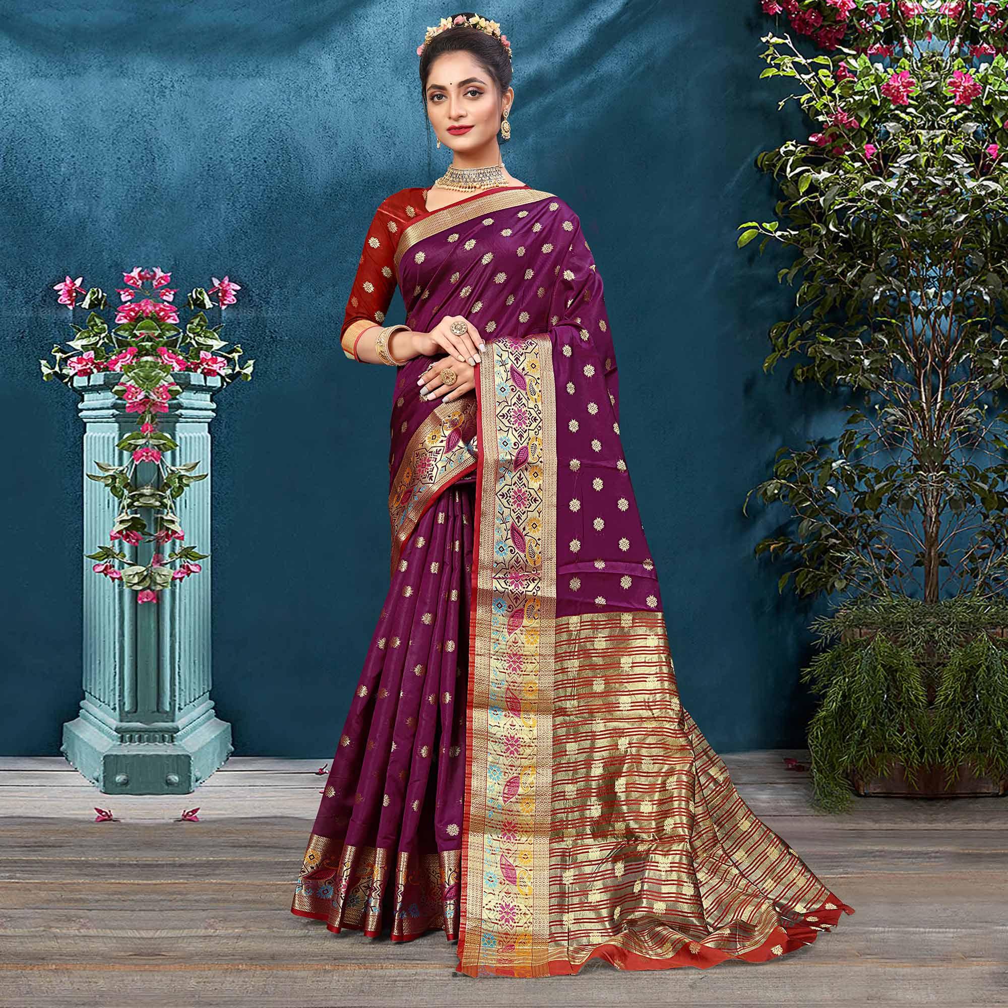 Wine Woven Art Silk Saree - Peachmode