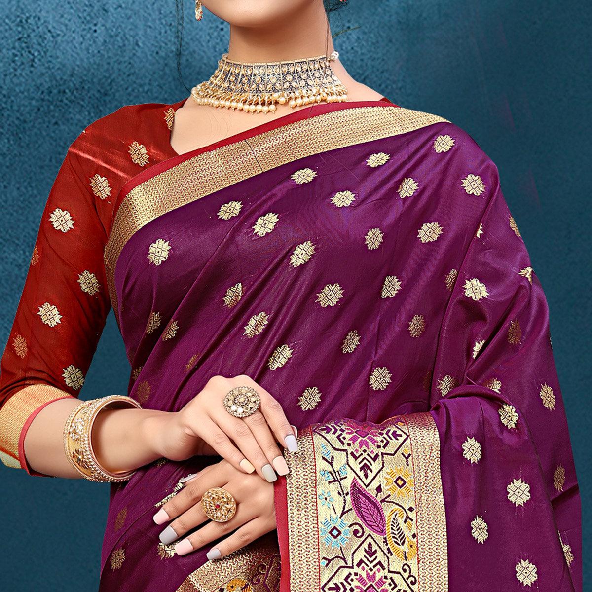 Wine Woven Art Silk Saree - Peachmode