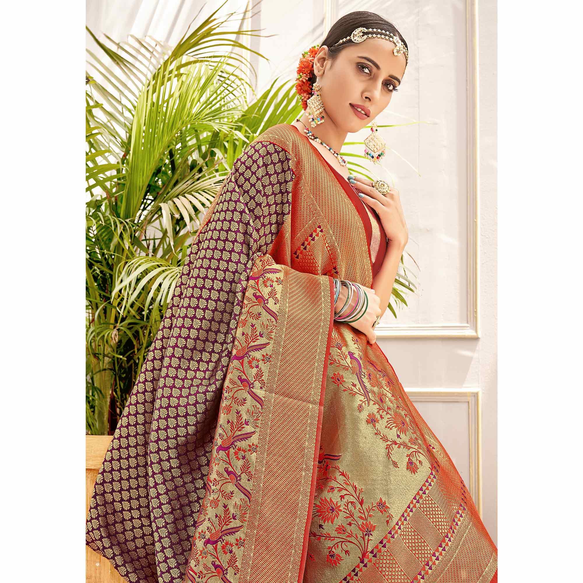 Wine Woven Art Silk Saree - Peachmode
