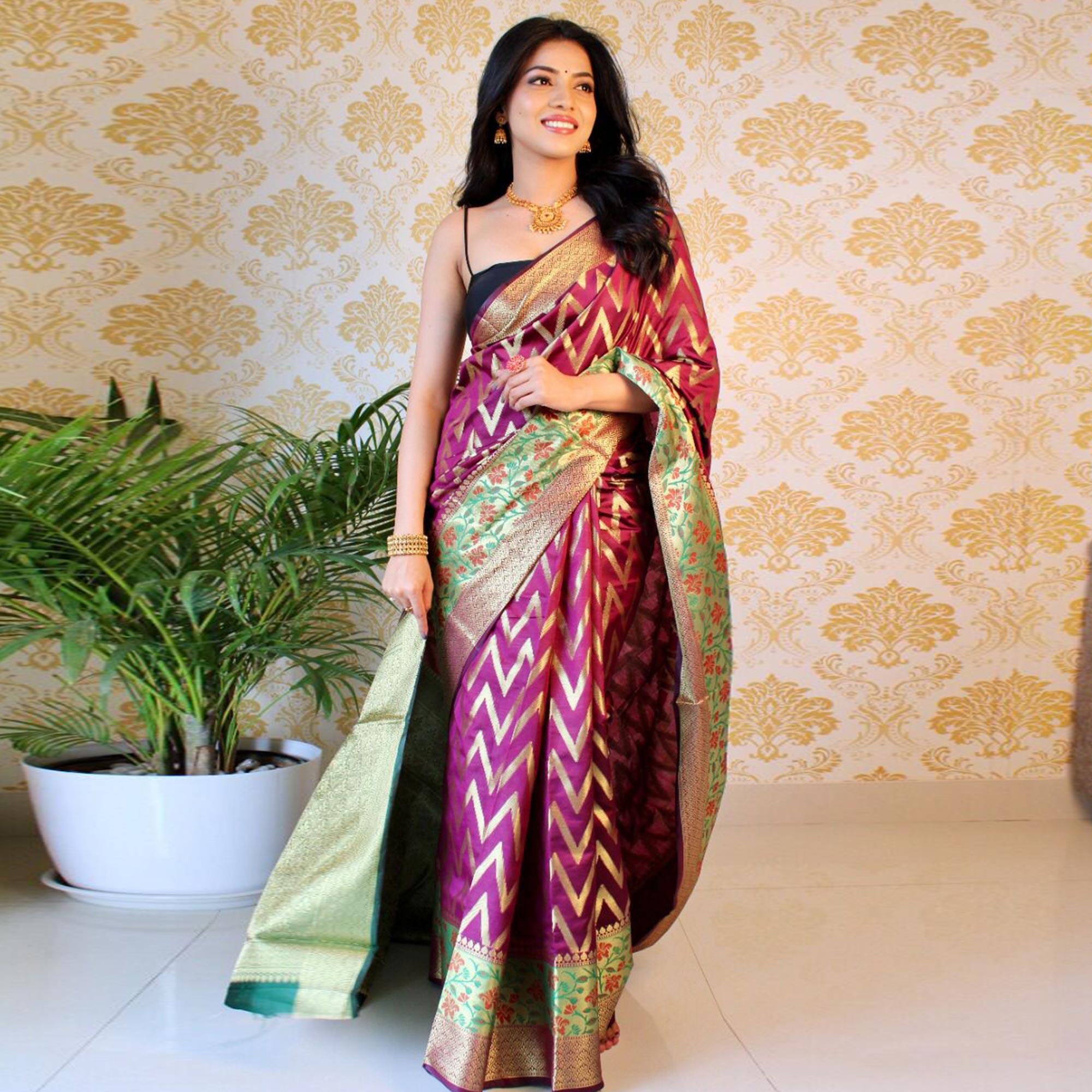 Wine Woven Art Silk Saree - Peachmode