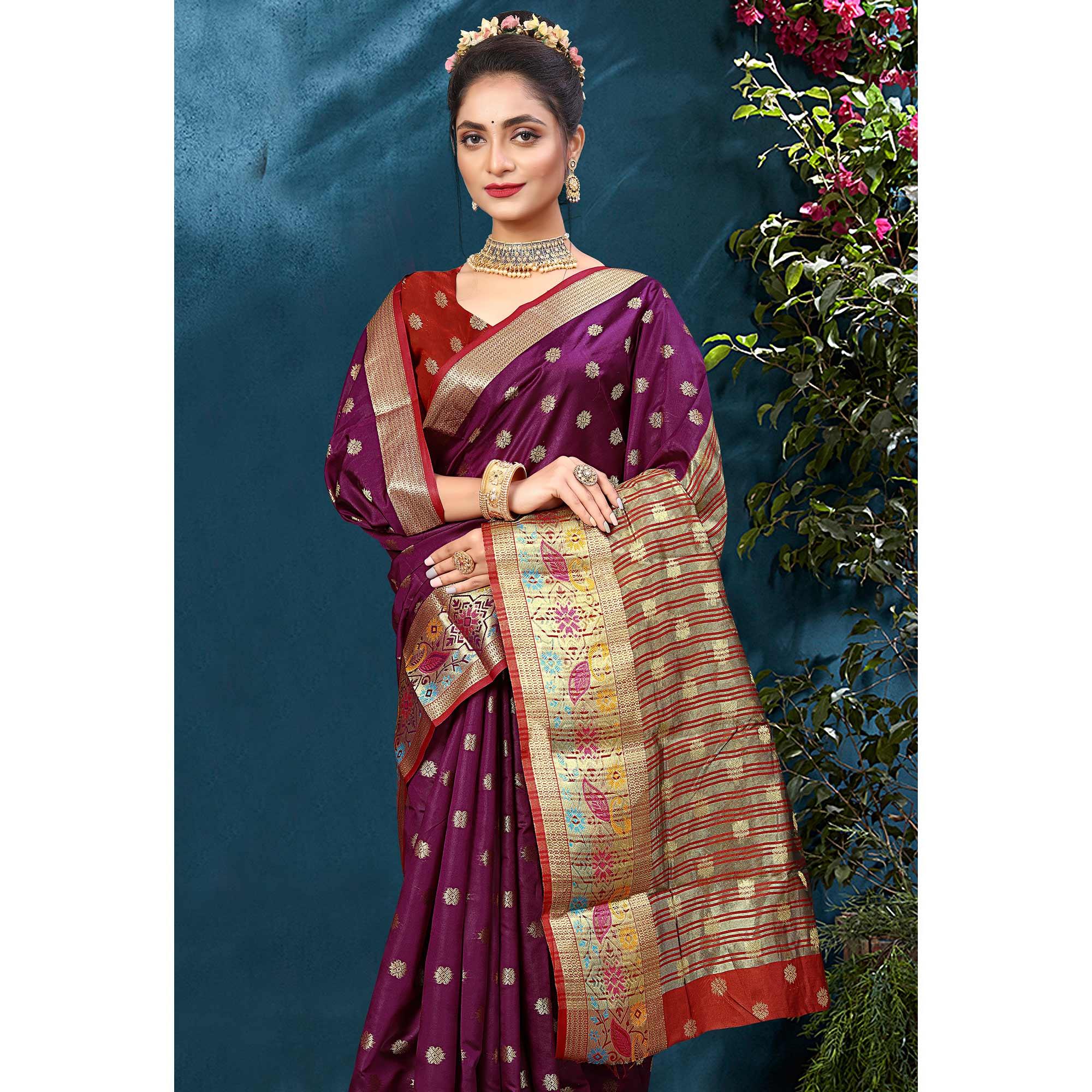 Wine Woven Art Silk Saree - Peachmode