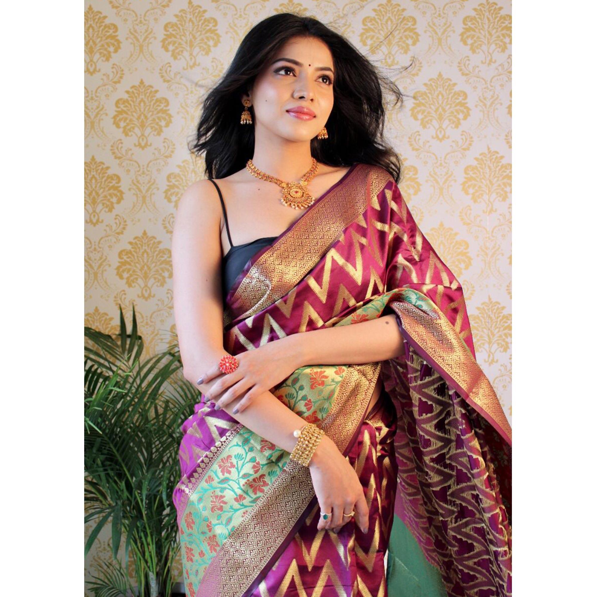 Wine Woven Art Silk Saree - Peachmode