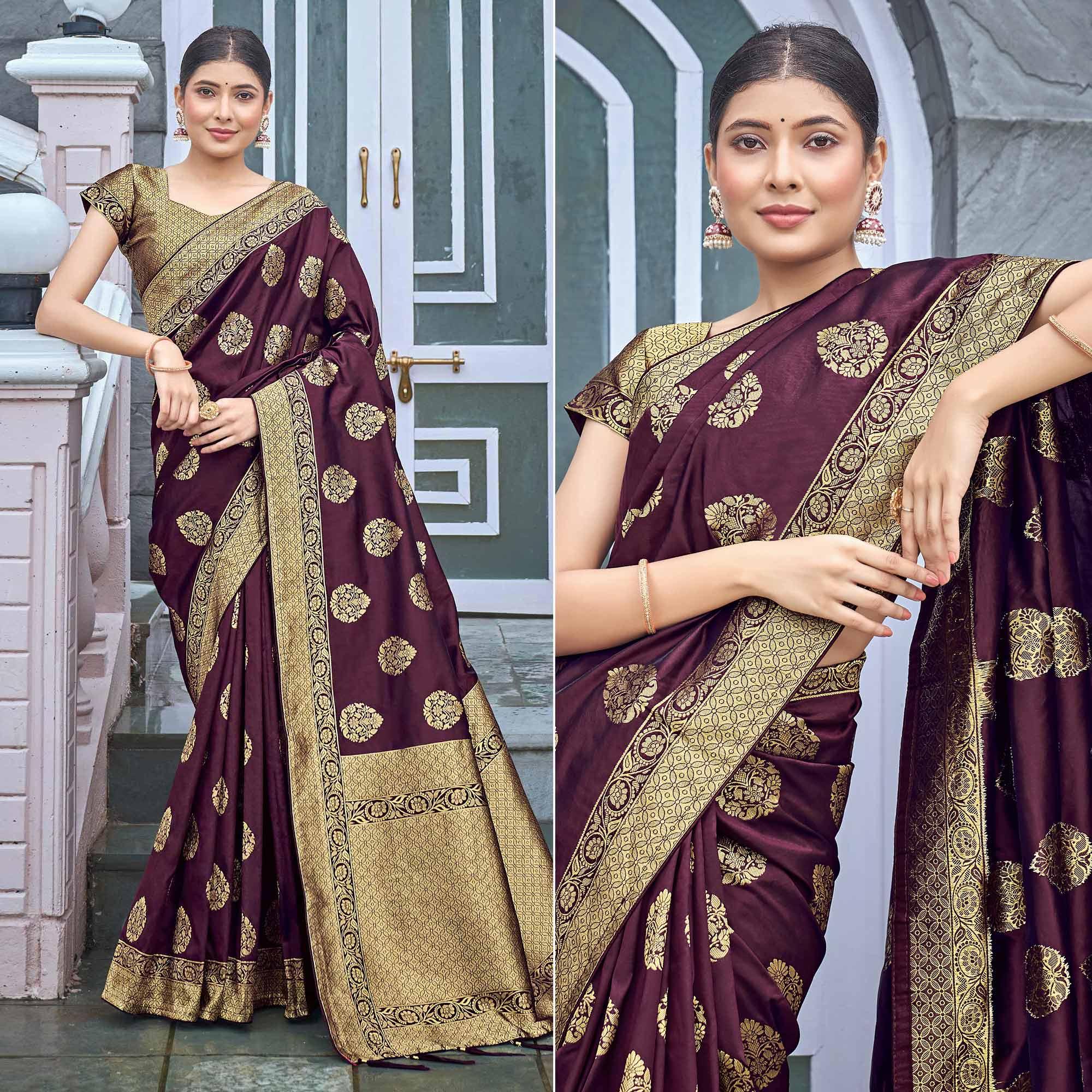 Wine Woven Banarasi Silk Saree - Peachmode