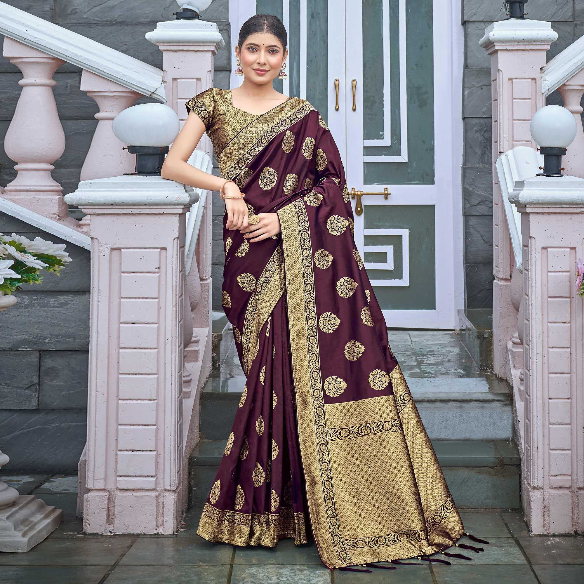 Wine Woven Banarasi Silk Saree - Peachmode