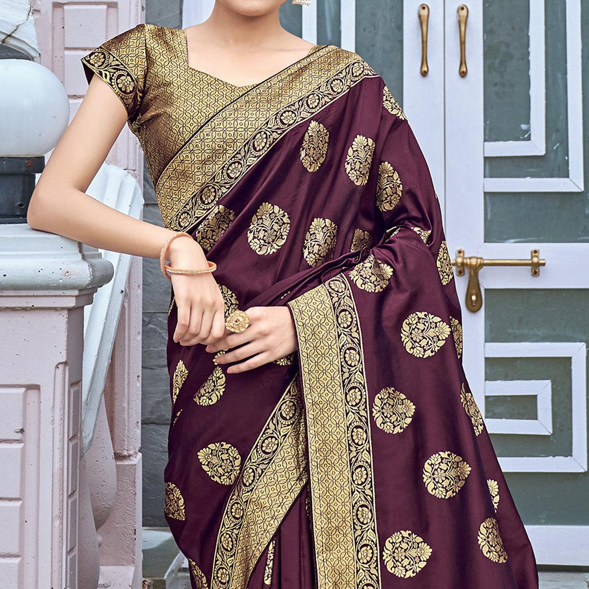 Wine Woven Banarasi Silk Saree - Peachmode
