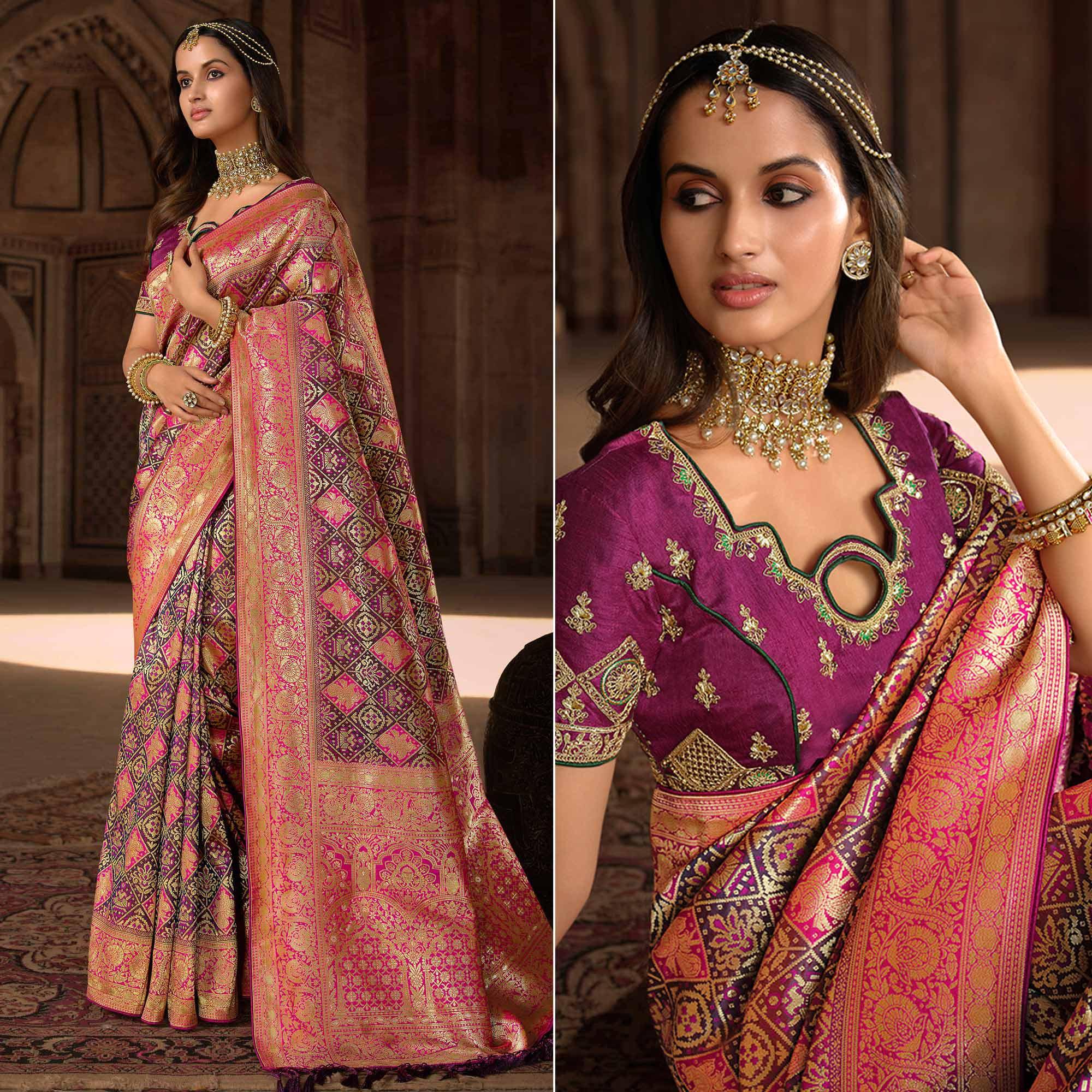 Wine Woven Banarasi Silk Saree With Tassels - Peachmode
