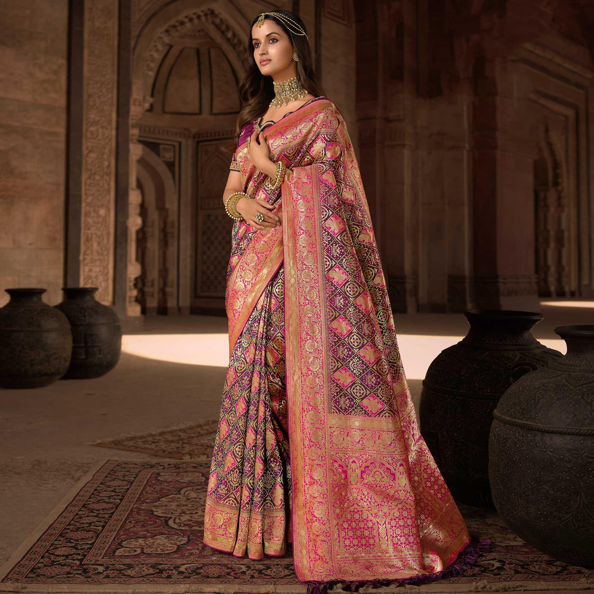 Wine Woven Banarasi Silk Saree With Tassels - Peachmode