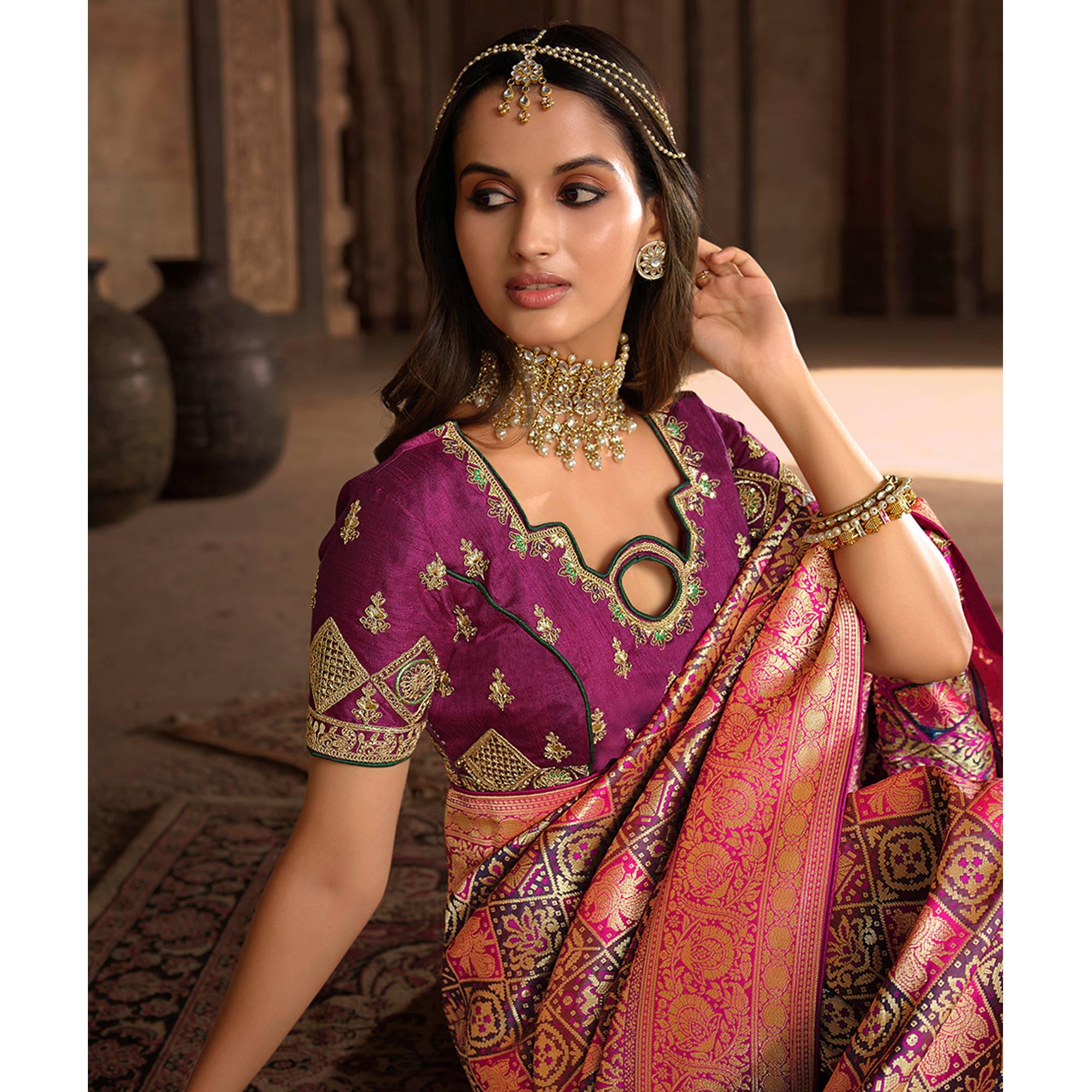 Wine Woven Banarasi Silk Saree With Tassels - Peachmode