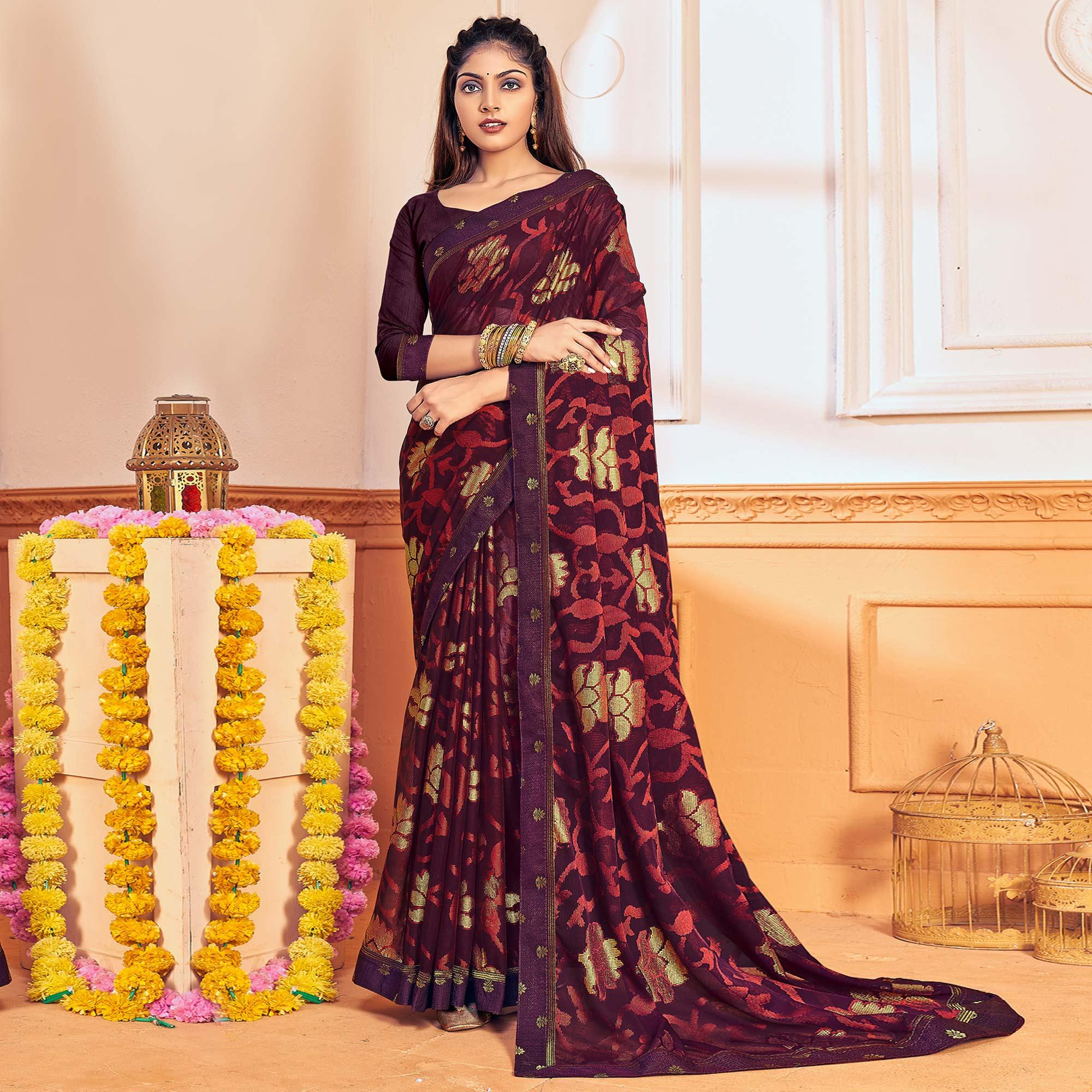 Wine Woven Brasso Saree - Peachmode