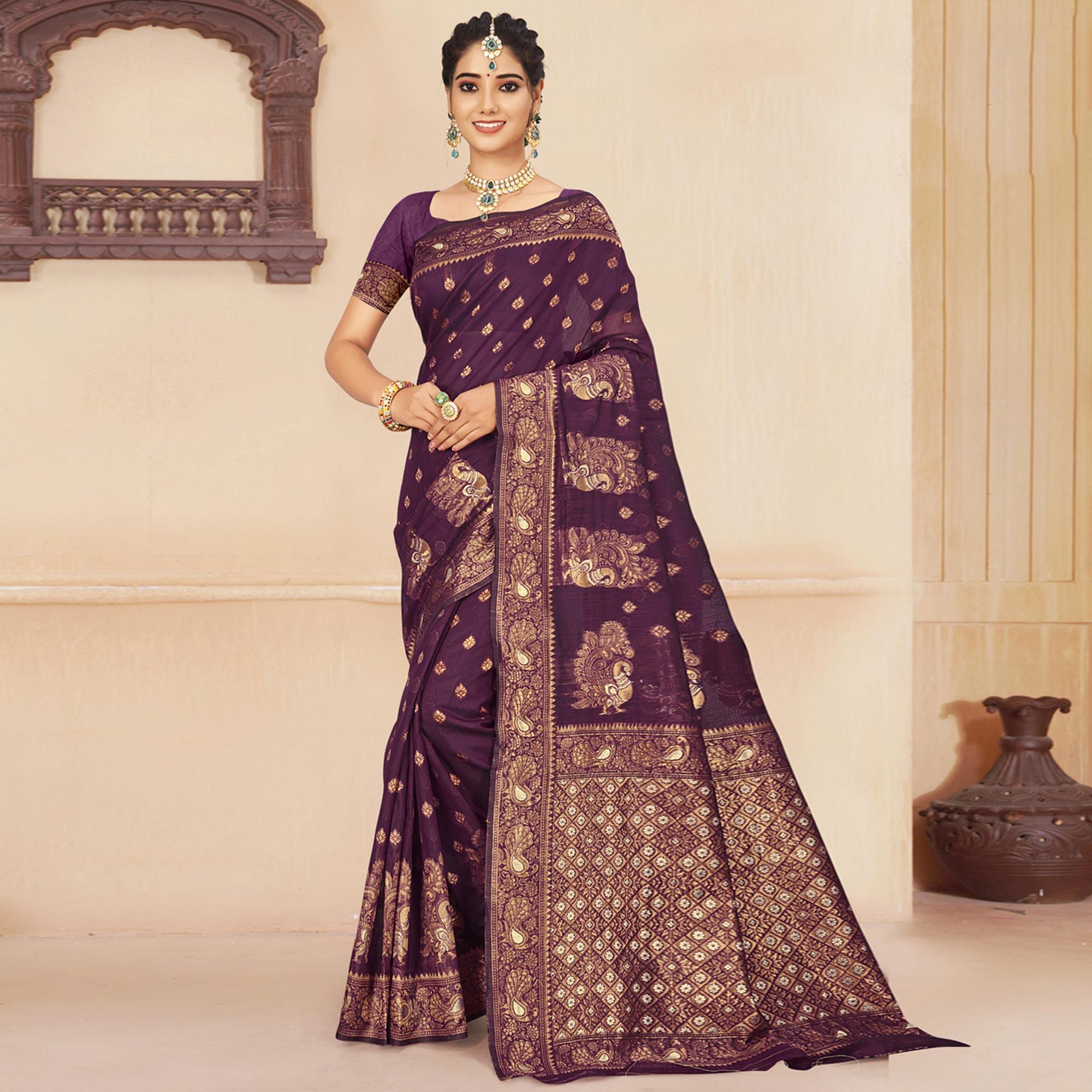 Wine Woven Cotton Silk Saree - Peachmode