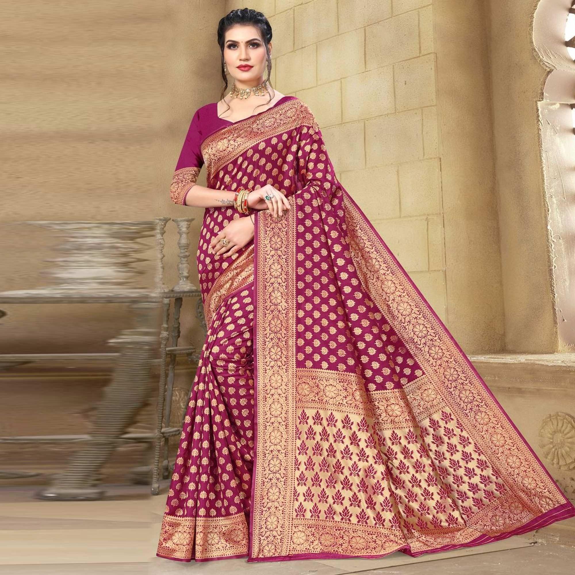 Wine Woven Cotton Silk Saree - Peachmode