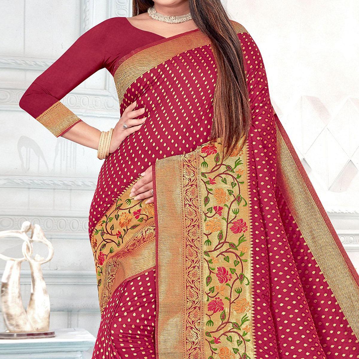 Wine Woven Cotton Silk Saree - Peachmode