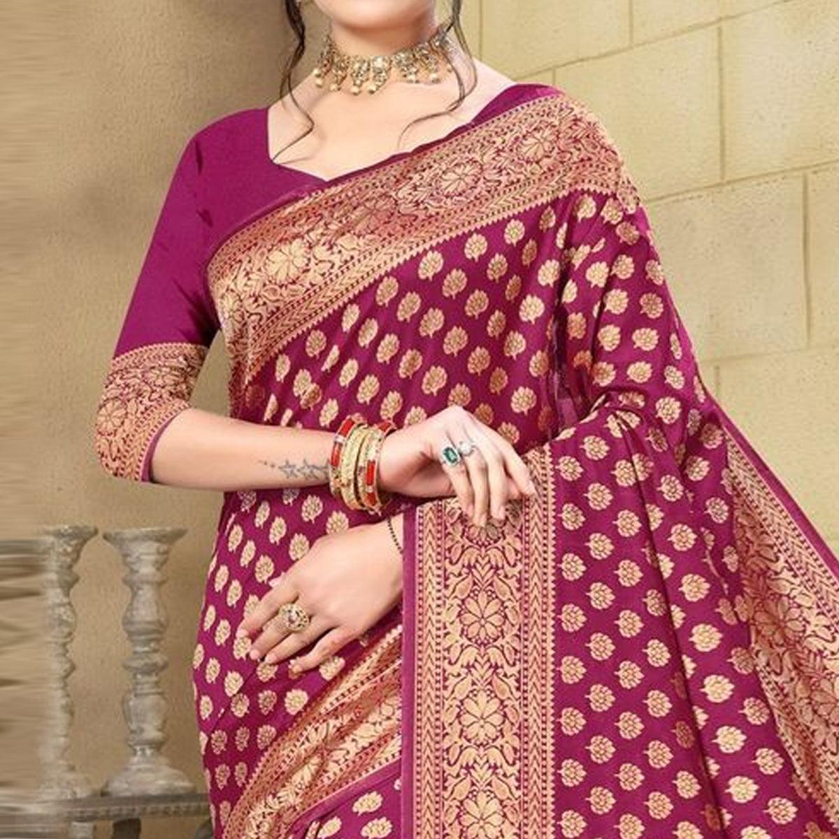 Wine Woven Cotton Silk Saree - Peachmode