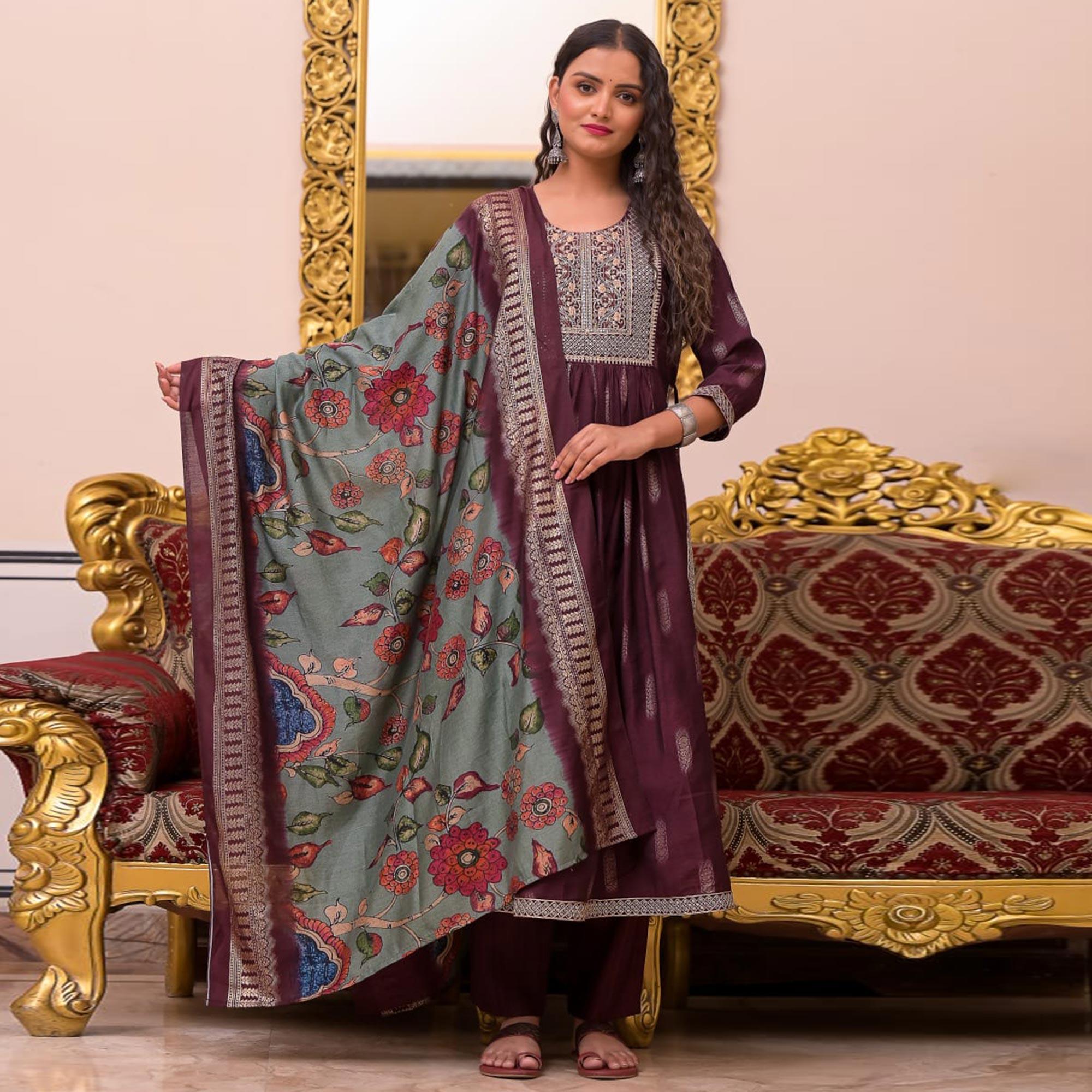 Wine Woven-Embroidered Chanderi Salwar Suit - Peachmode