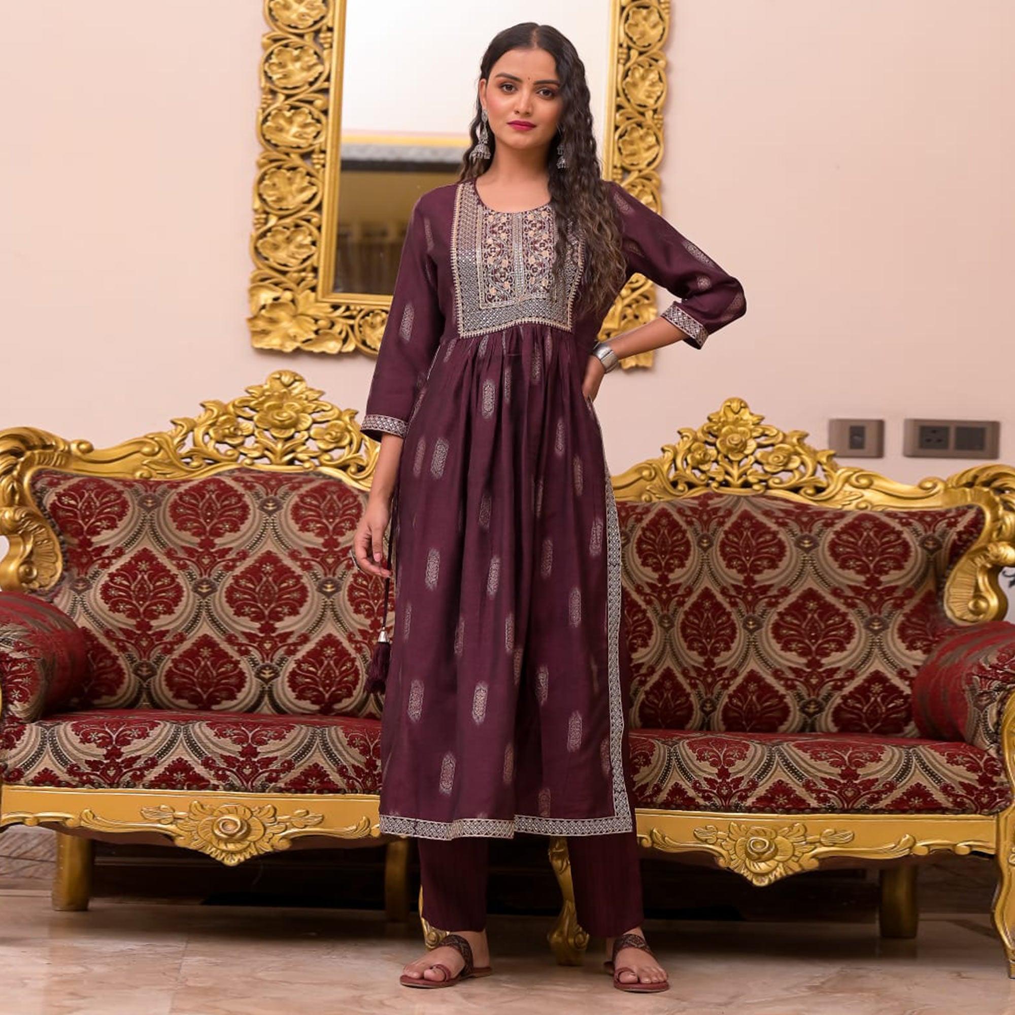 Wine Woven-Embroidered Chanderi Salwar Suit - Peachmode