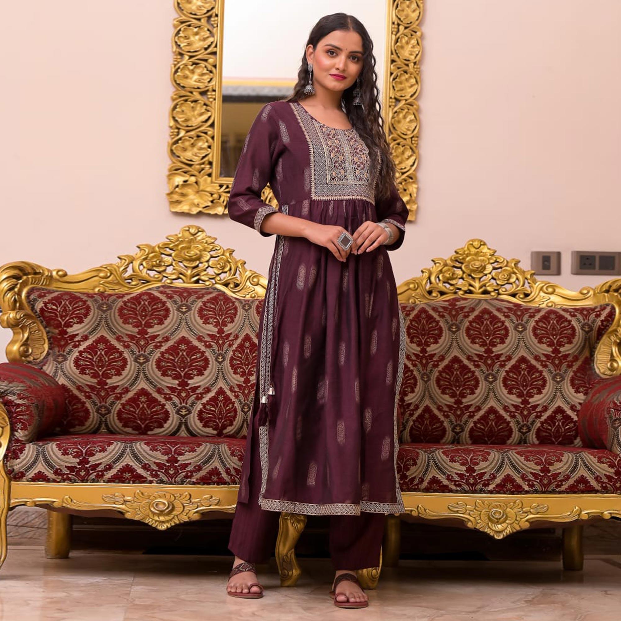 Wine Woven-Embroidered Chanderi Salwar Suit - Peachmode