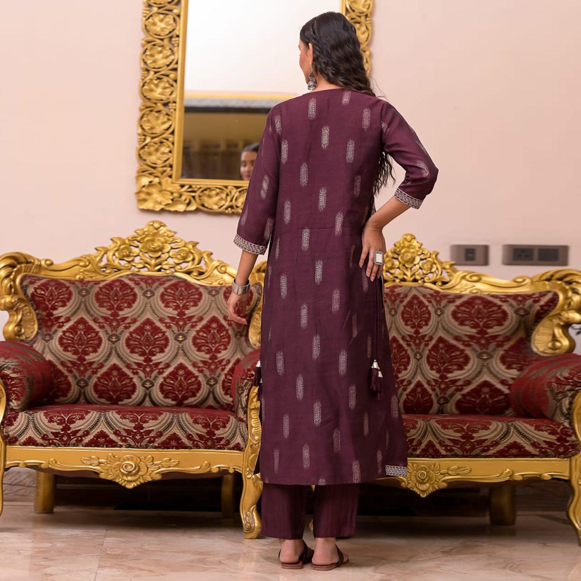 Wine Woven-Embroidered Chanderi Salwar Suit - Peachmode