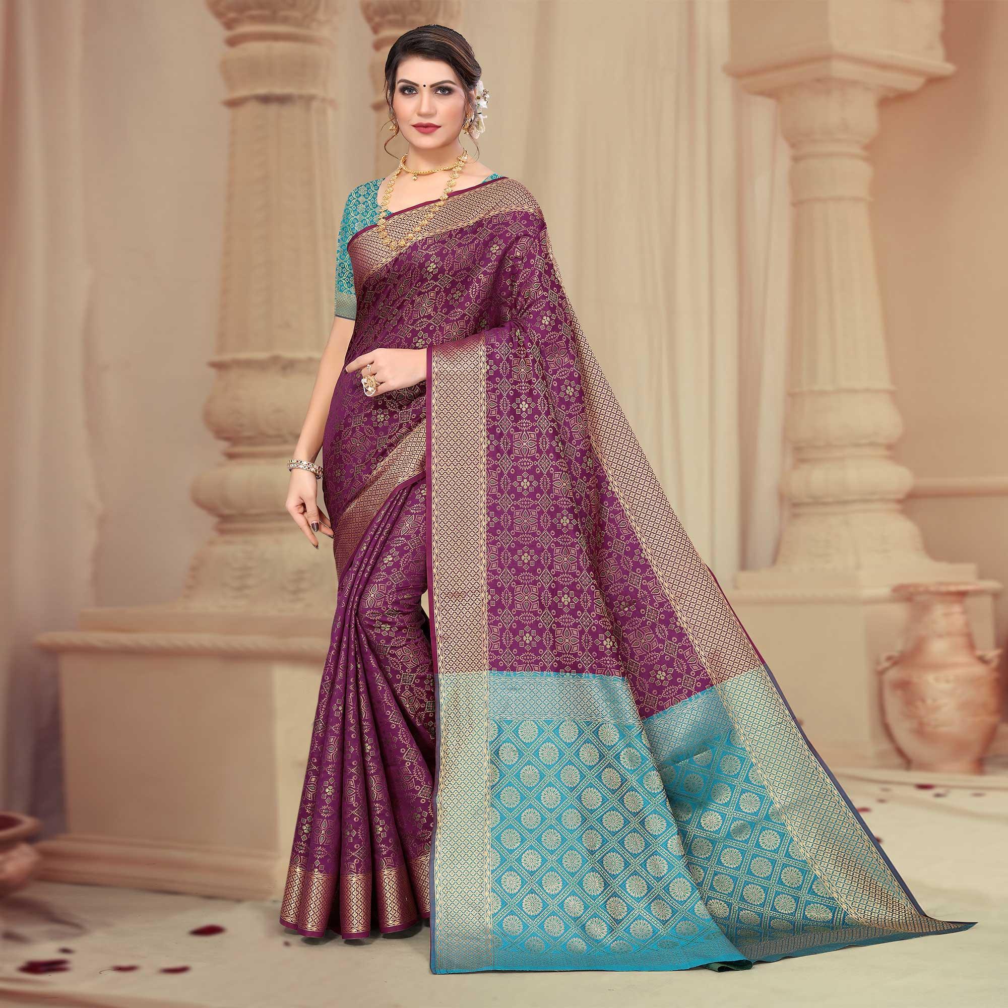 Wine Woven Jacquard Saree - Peachmode