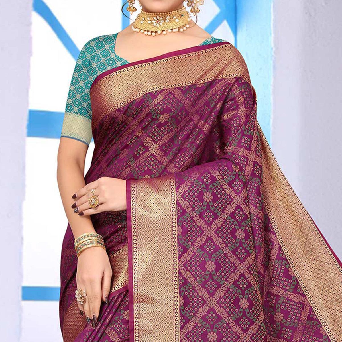 Wine Woven Jacquard Saree - Peachmode