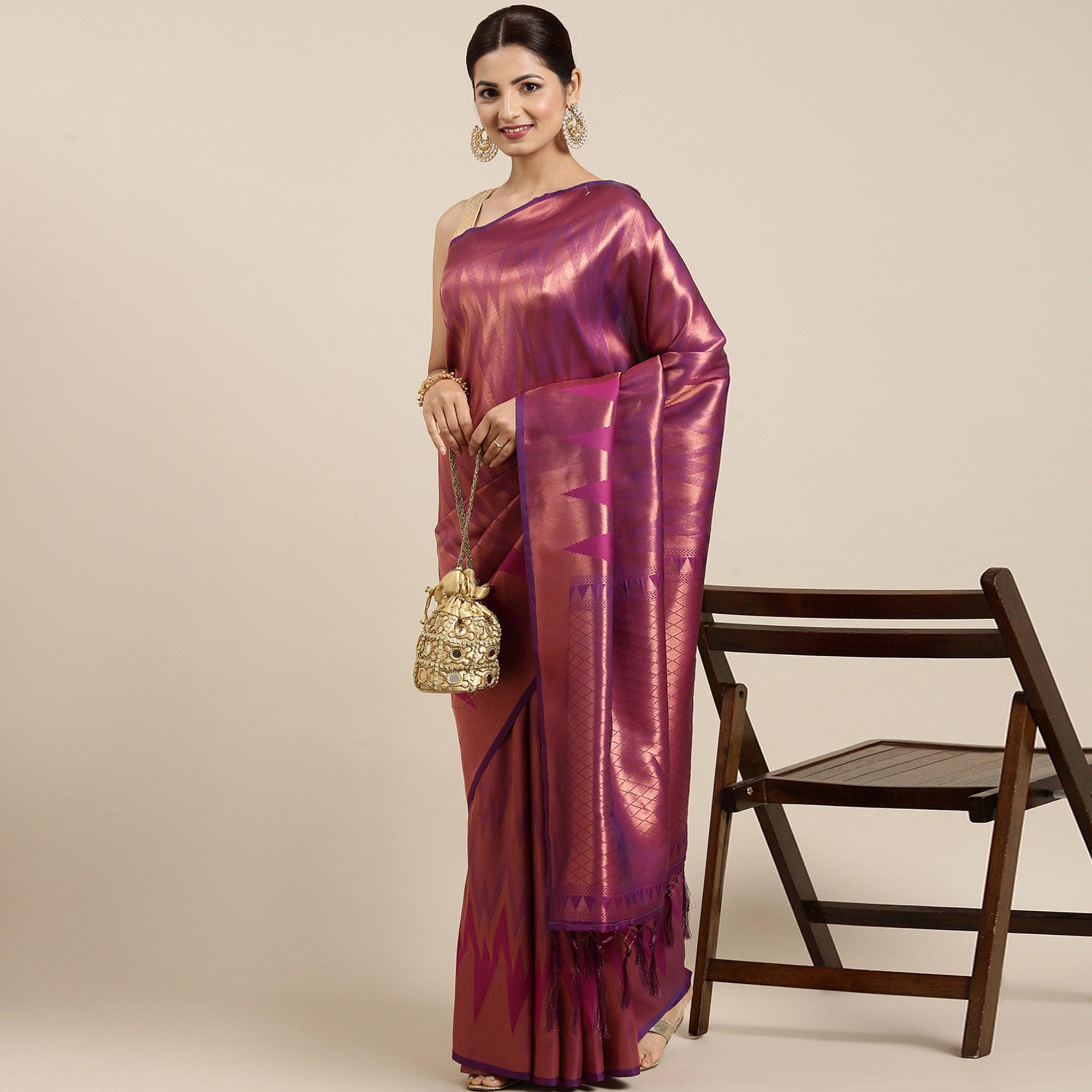 Wine Woven Kanjivaram Silk Saree With Tassels - Peachmode