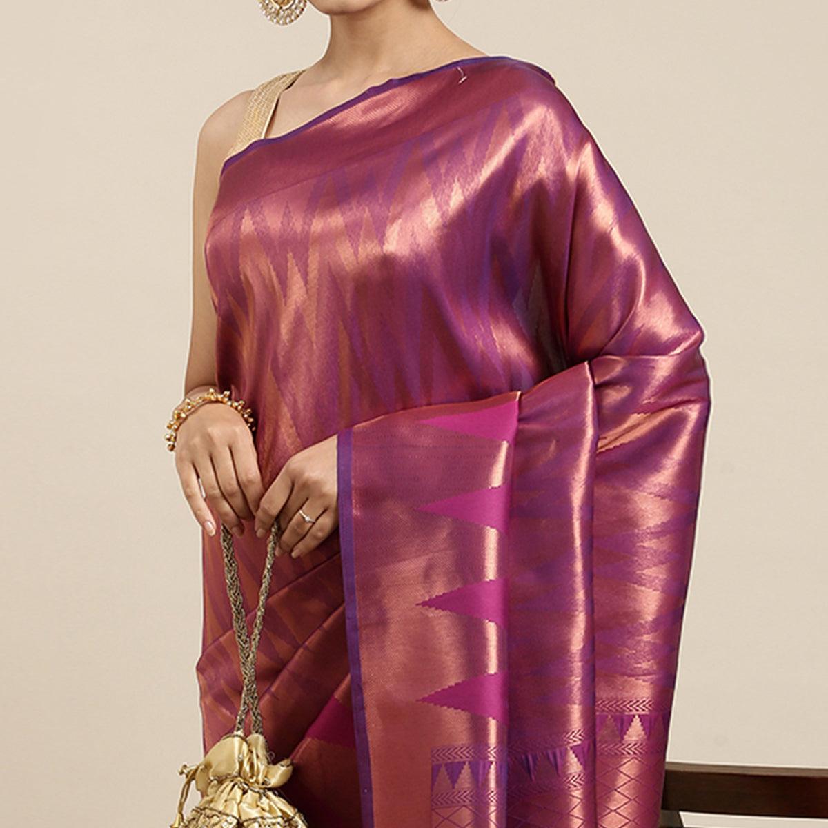 Wine Woven Kanjivaram Silk Saree With Tassels - Peachmode