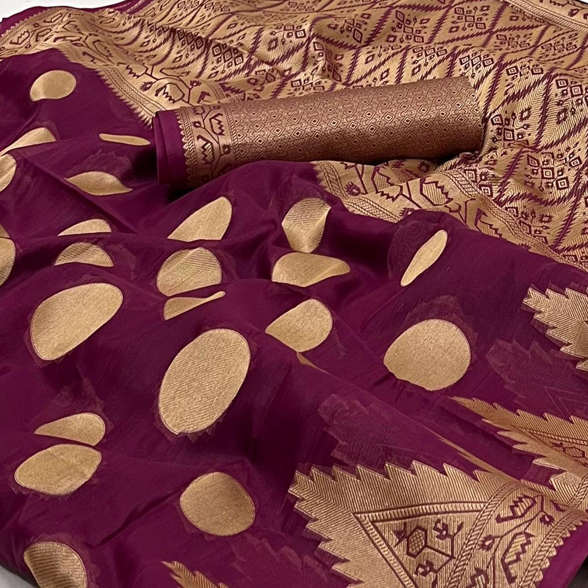 Wine Woven Organza Saree - Peachmode